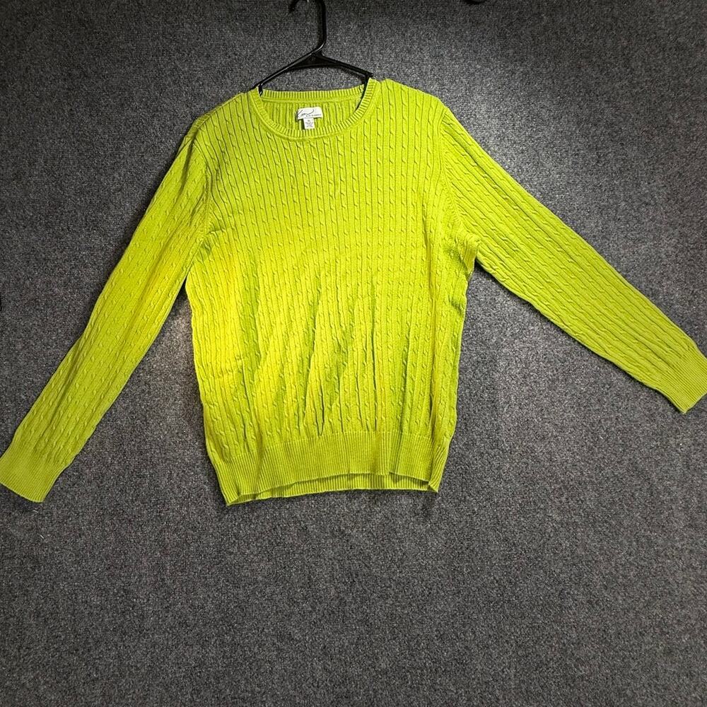 Kim Rogers Women's XL Lime Green Cotton Cable Knit Crewneck Pullover Sweater